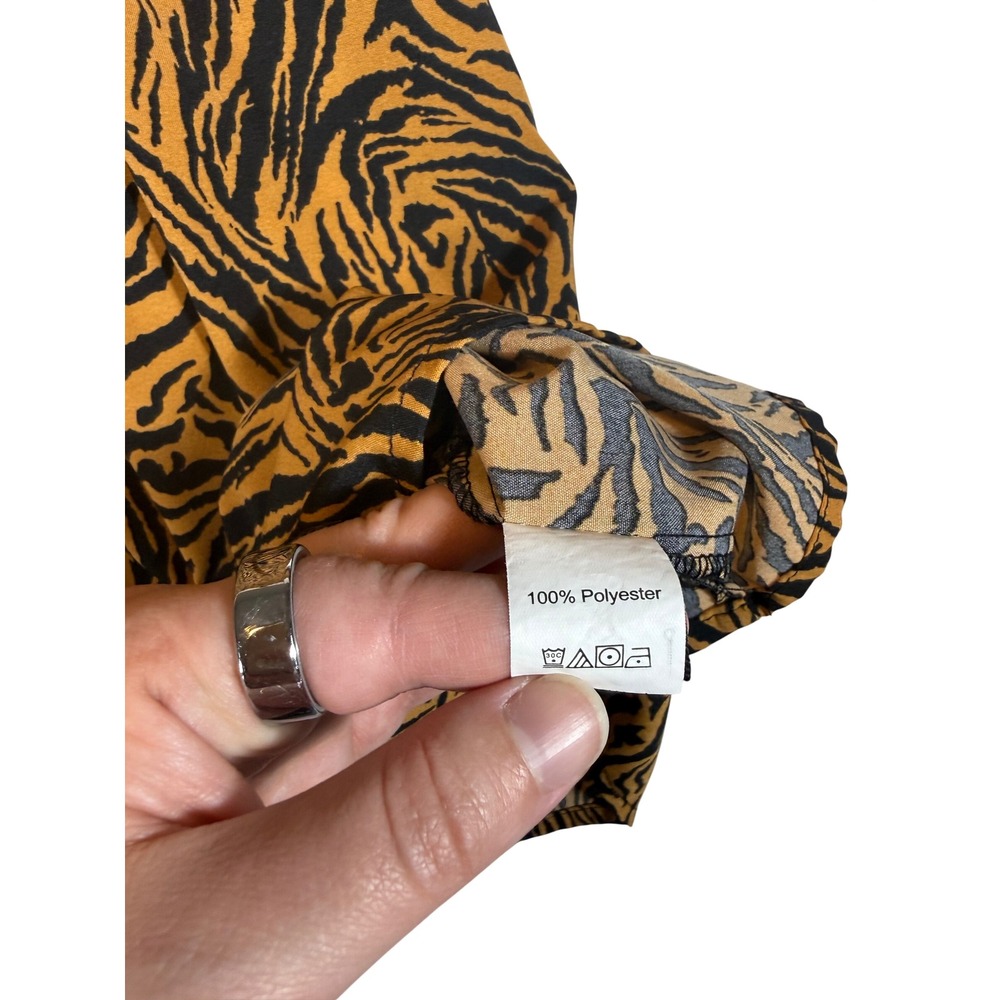 Women Tiger Print Mini Dress Orange Black Long Sleeve Tiered Babydoll L - Picture 4 of 4
